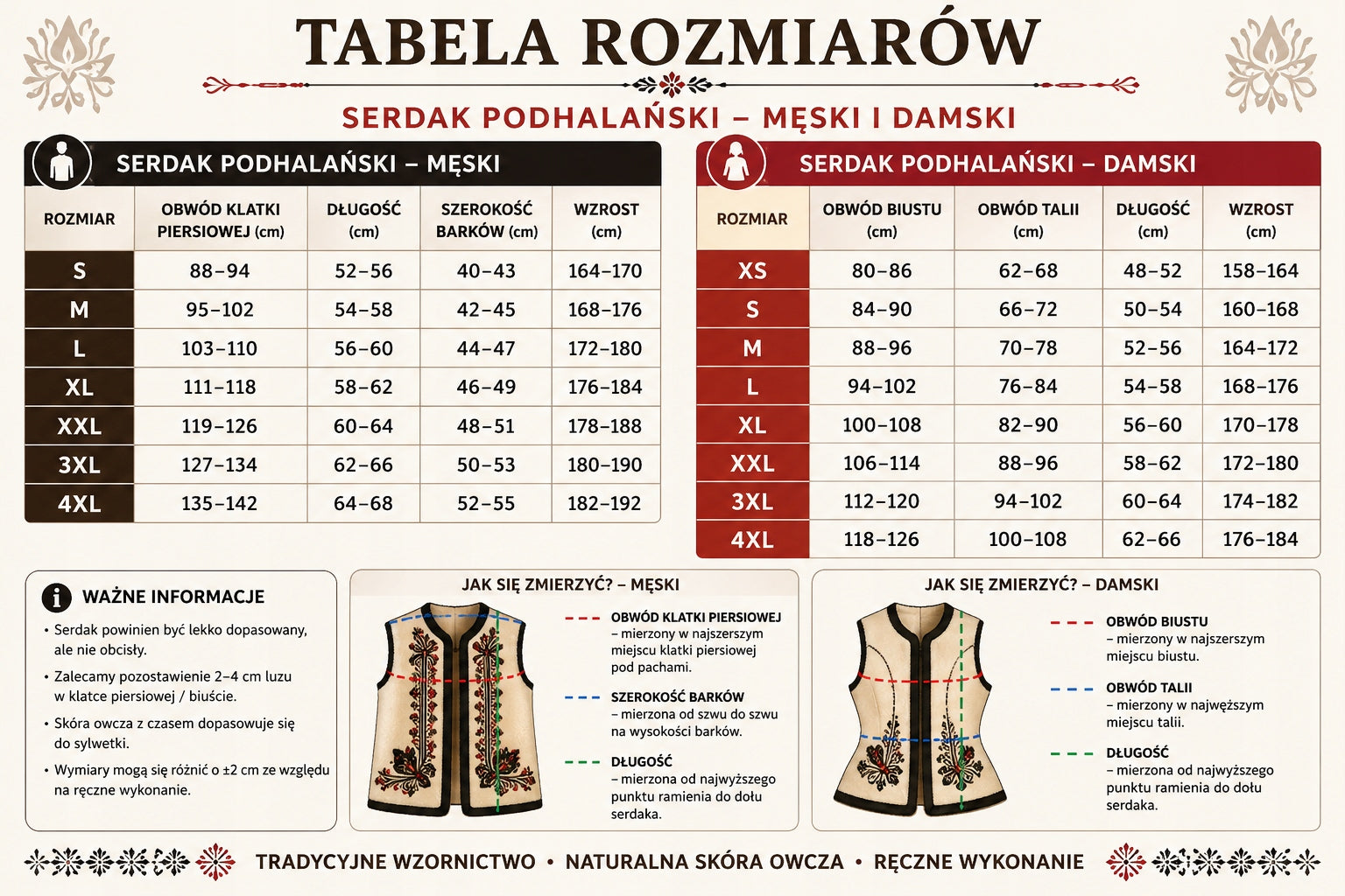 Kamizelka Góralska Skórzana Męska Serdak HAFT Parzenica Ludowa r. S-4XL