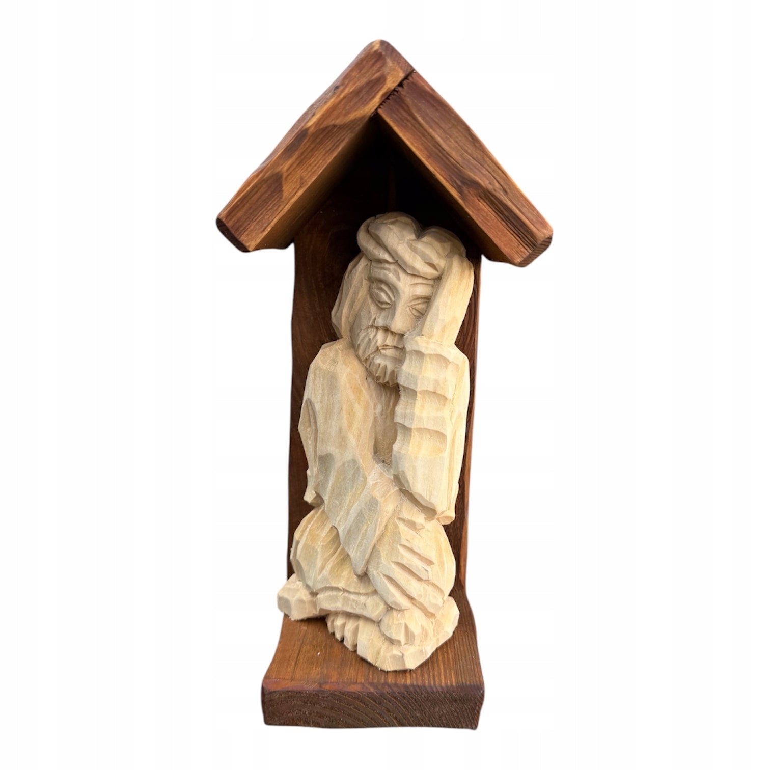 Figurka Drewniana Rzeźbiona Kapliczka Jezus Frasobliwy Drewno Lipowe 31 cm